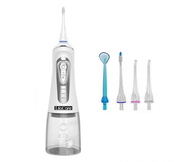 Irigator oral Lila Care, portabil, USB, jet de apa dentar, 3 moduri, rezervor de apa impermeabil dinti, 4 capete inlocuibile, 320 ml, Alb