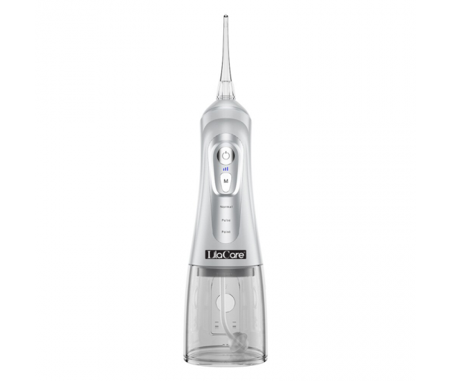 Irigator oral Lila Care, portabil, USB, jet de apa dentar, 3 moduri, rezervor de apa impermeabil dinti, 4 capete inlocuibile, 320 ml, Alb