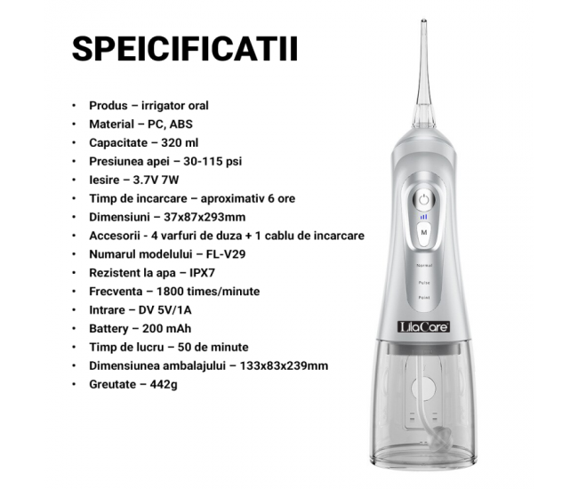 Irigator oral Lila Care, portabil, USB, jet de apa dentar, 3 moduri, rezervor de apa impermeabil dinti, 4 capete inlocuibile, 320 ml, Alb