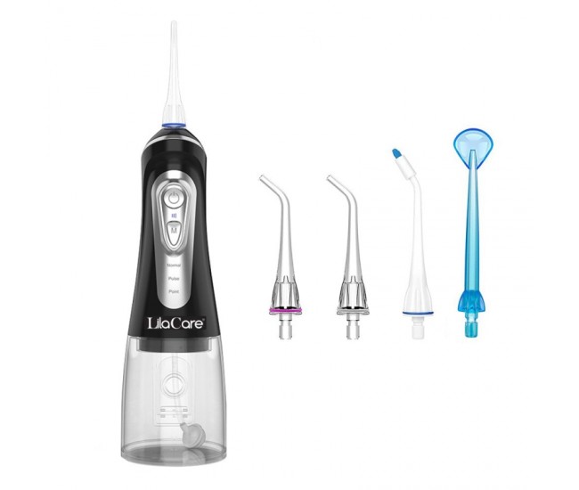 Irigator oral Lila Care, portabil, USB, jet de apa dentar, 3 moduri, rezervor de apa impermeabil dinti, 4 capete inlocuibile, 320 ml, Negru