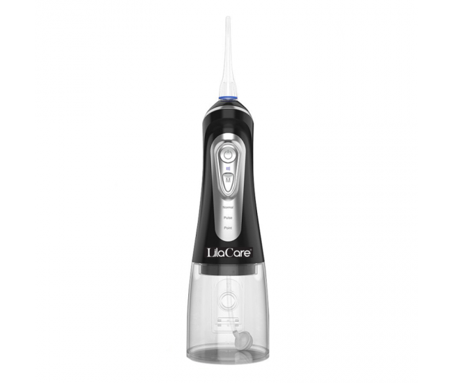 Irigator oral Lila Care, portabil, USB, jet de apa dentar, 3 moduri, rezervor de apa impermeabil dinti, 4 capete inlocuibile, 320 ml, Negru