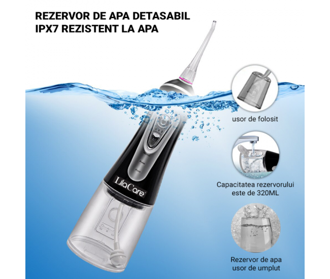 Irigator oral Lila Care, portabil, USB, jet de apa dentar, 3 moduri, rezervor de apa impermeabil dinti, 4 capete inlocuibile, 320 ml, Negru