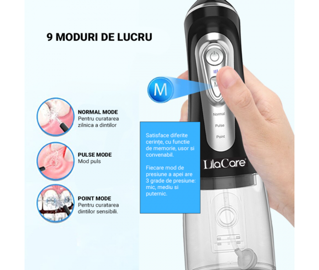 Irigator oral Lila Care, portabil, USB, jet de apa dentar, 3 moduri, rezervor de apa impermeabil dinti, 4 capete inlocuibile, 320 ml, Negru