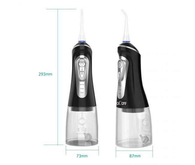 Irigator oral Lila Care, portabil, USB, jet de apa dentar, 3 moduri, rezervor de apa impermeabil dinti, 4 capete inlocuibile, 320 ml, Negru