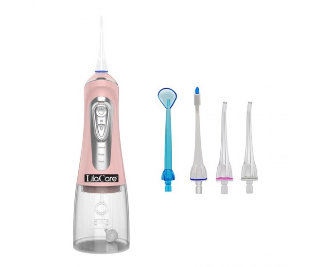 Irigator oral Lila Care, portabil, USB, jet de apa dentar, 3 moduri, rezervor de apa impermeabil dinti,  4 capete inlocuibile, 320 ml, Roz