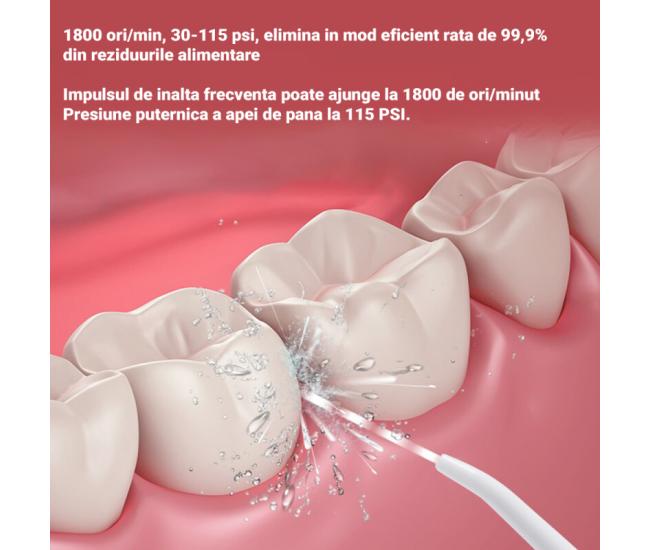 Irigator oral Lila Care, portabil, USB, jet de apa dentar, 3 moduri, rezervor de apa impermeabil dinti,  4 capete inlocuibile, 320 ml, Roz