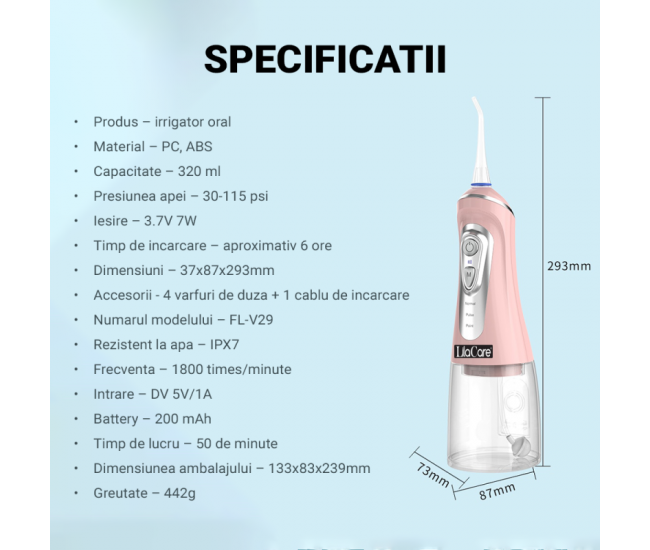 Irigator oral Lila Care, portabil, USB, jet de apa dentar, 3 moduri, rezervor de apa impermeabil dinti,  4 capete inlocuibile, 320 ml, Roz