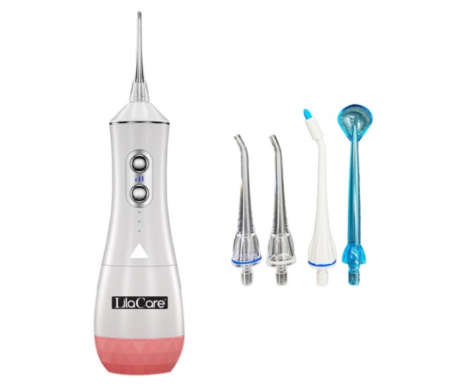 Irigator oral Lila Care, portabil, USB, jet de apa dentar, rezervor de apa impermeabil, 320 ml, rezistent la apa, 4 capete inlocuibile, Alb, 505