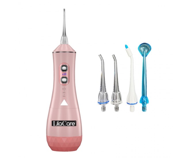 Irigator oral Lila Care, portabil, USB, jet de apa dentar, rezervor de apa impermeabil, 320 ml, rezistent la apa, 4 capete inlocuibile, Roz