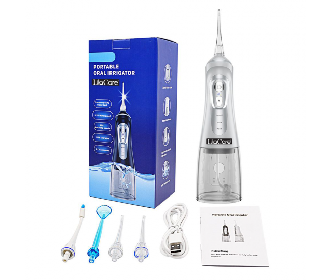 Irigator oral Lila Care, portabil, USB, jet de apa dentar, 3 moduri, rezervor de apa impermeabil dinti, 4 capete inlocuibile, 320 ml, Alb