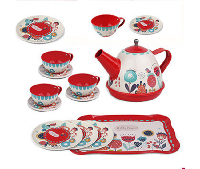 Set ceai Karemi, pentru copii, cu ceainic, cani, platou, Alb / Rosu