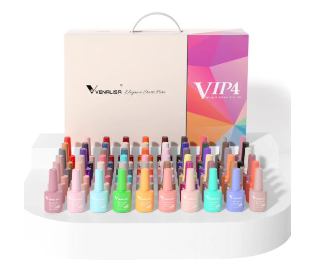 Kit oja semipermanenta Venalisa VIP 4, 60 culori, +Primer+ Base Coat + 3x Top Coat+ catalog culori