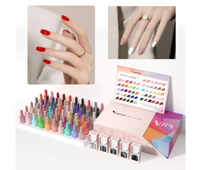Kit oja semipermanenta Venalisa VIP 4, 60 culori, +Primer+ Base Coat + 3x Top Coat+ catalog culori