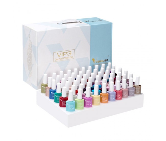 Kit oja semipermanenta VIP 3 Venalisa, 60 culori, Primer, Top Coat Mat, Top Coat, Base Coat, Tempered No-Wipe Top Coat, Catalog culori