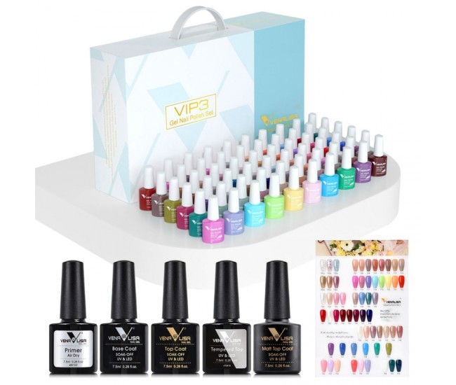 Kit oja semipermanenta VIP 3 Venalisa, 60 culori, Primer, Top Coat Mat, Top Coat, Base Coat, Tempered No-Wipe Top Coat, Catalog culori