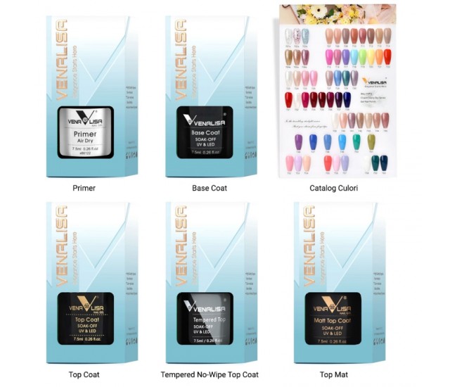Kit oja semipermanenta VIP 3 Venalisa, 60 culori, Primer, Top Coat Mat, Top Coat, Base Coat, Tempered No-Wipe Top Coat, Catalog culori