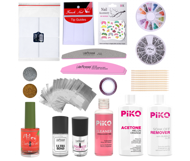 Kit accesorii pentru oja semipermanenta si gel UV, Lila Rossa, Perfect Nails, lichide de pregatire, pile, decor unghii