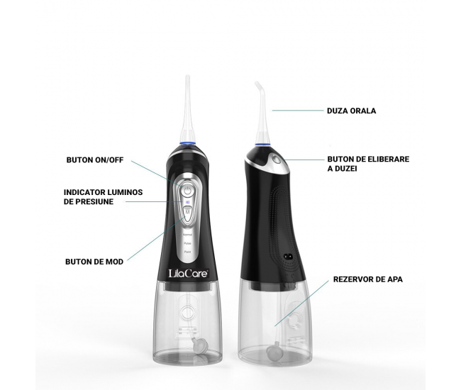 Irigator oral Lila Care, portabil, USB, jet de apa dentar, 3 moduri, rezervor de apa impermeabil dinti, 4 capete inlocuibile, 320 ml, Negru