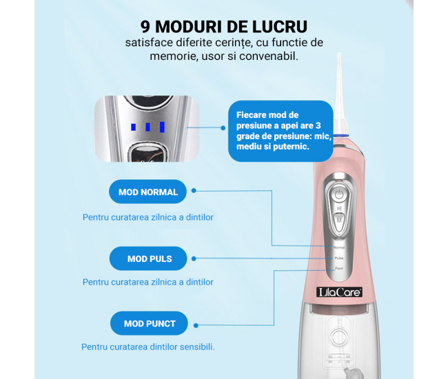 Irigator oral Lila Care, portabil, USB, jet de apa dentar, 3 moduri, rezervor de apa impermeabil dinti,  4 capete inlocuibile, 320 ml, Roz
