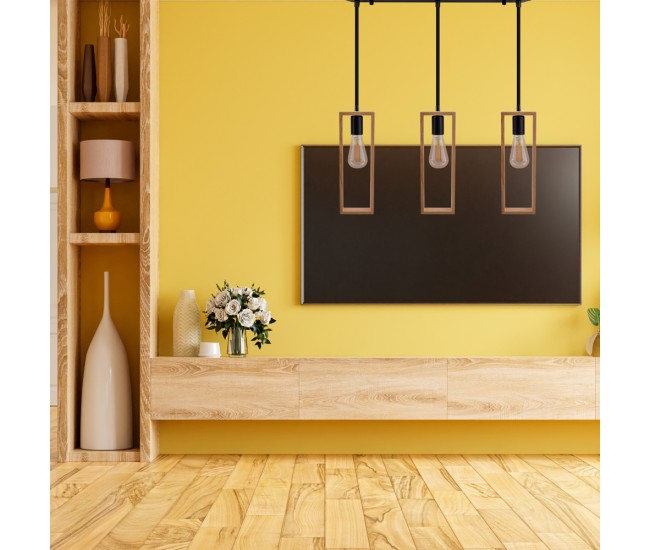 Lustra suspendata moderna din lemn natural, structura metalica, negru mat, 3 x E27