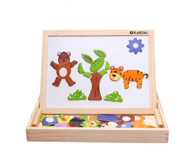 Puzzle Karemi din lemn, tabla cu 2 fete, magnetica si table pentru creta, cu animale