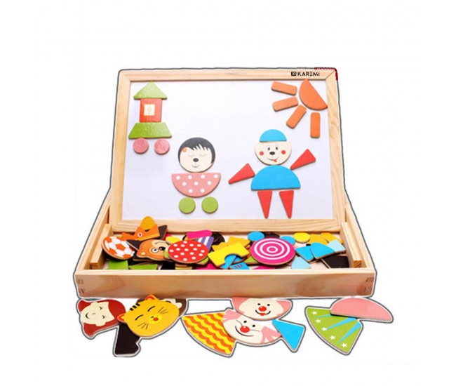 Puzzle Karemi din lemn, tabla cu 2 fete, magnetica si table pentru creta, cu figurine