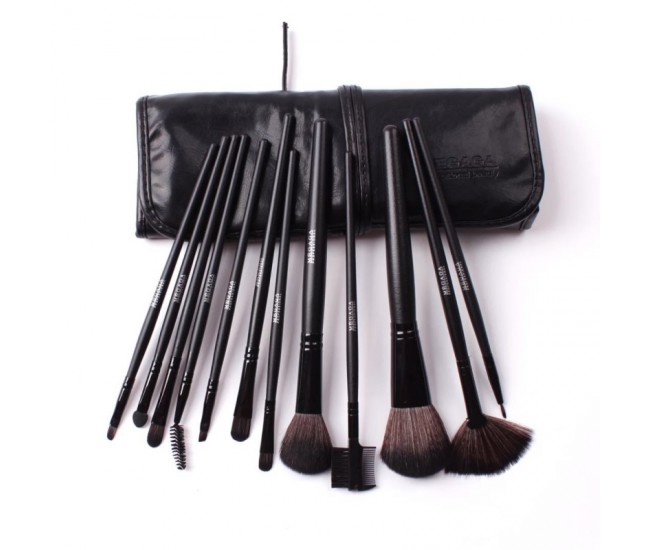Set 12 pensule makeup Megaga, Lila Rossa, cu husa neagra