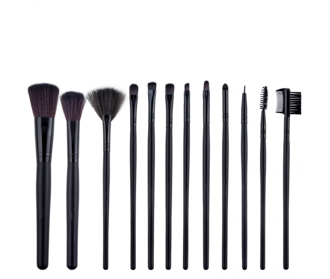 Set 12 pensule makeup Megaga, Lila Rossa, cu husa neagra
