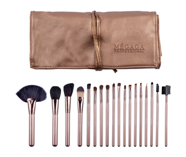 Set 18 pensule makeup, Megaga, Lila Rossa, cu husa aurie