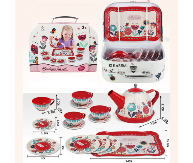 Set ceai Karemi, pentru copii, cu ceainic, cani, platou, Alb / Rosu