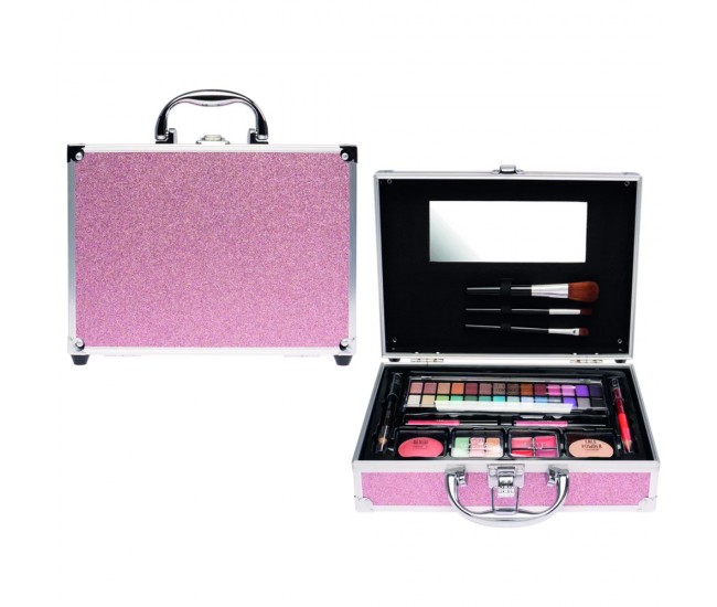 Set paleta machiaj tip geanta cosmetice Treffina 23,5 x 20 x 7,5 cm, trusa machiaj, light pink glitter