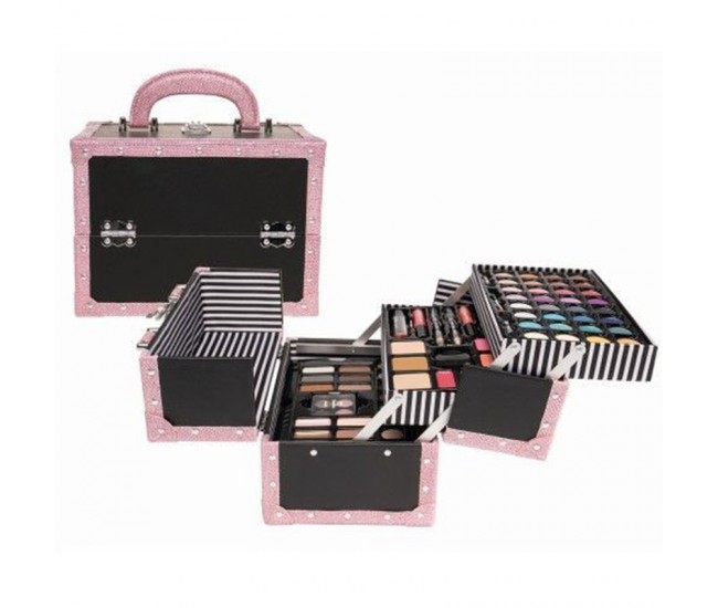 Set paleta machiaj tip geanta cosmetice Treffina, 24 x 15,5 x 18,5 cm, trusa produse cosmetice, roz inchis