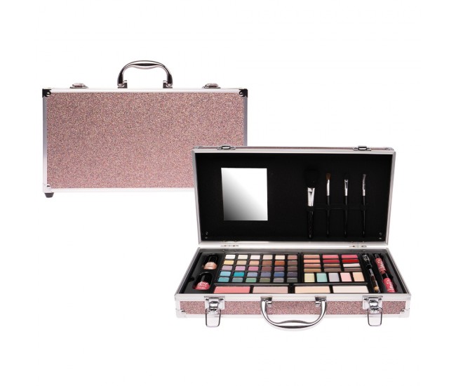 Set paleta machiaj tip geanta cosmetice Treffina, 35 x 20 x 7 cm, trusa produse cosmetice, glitter pink