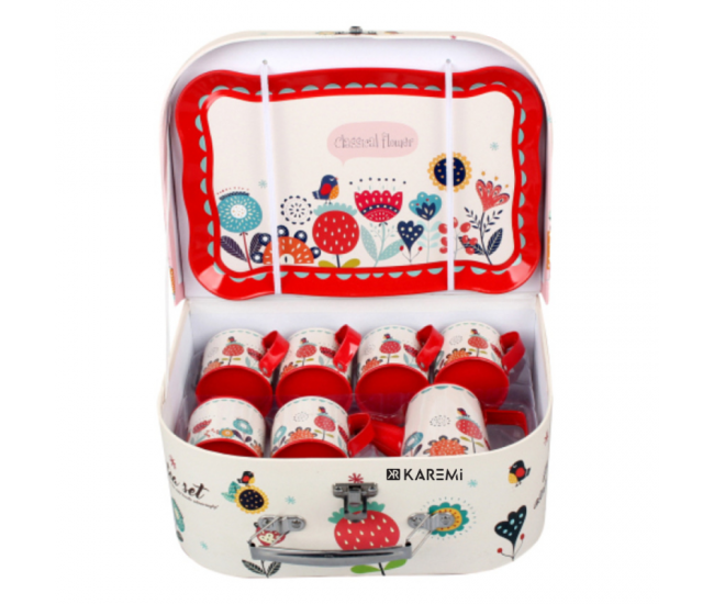 Set pentru bucatarie copii Karemi, cu piese pentru ceai, cu ceainic, cani si platou, Rosu / Alb