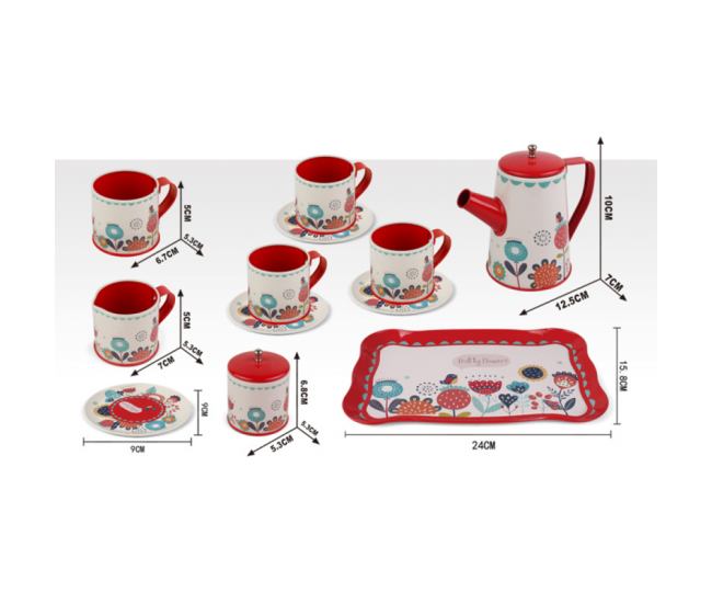 Set pentru bucatarie copii Karemi, cu piese pentru ceai, cu ceainic, cani si platou, Rosu / Alb