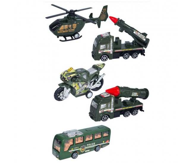 Set 5 masinute Karemi, seria fortelor militare, cu elicopter, motocicleta, autobuz politie, masini de lupta, verzi