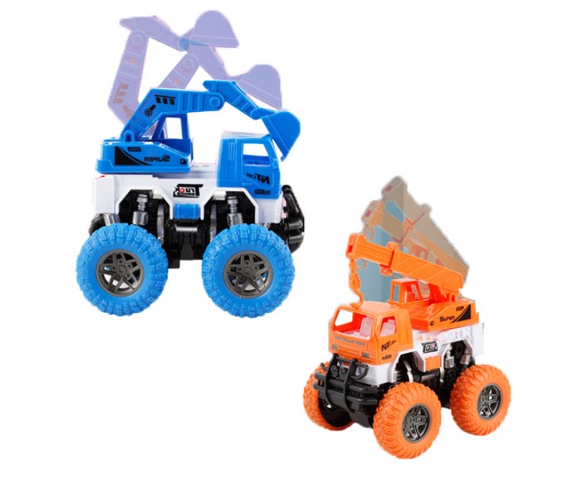 Set 8 jucarii excavator si macara, Karemi, portocaliu/albastru, din plastic, pentru copii de peste 3 ani