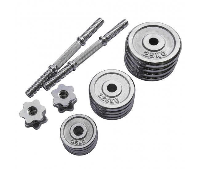 Set gantere si haltere, Karemi, cu discuri din metal, cromate, 20 kg