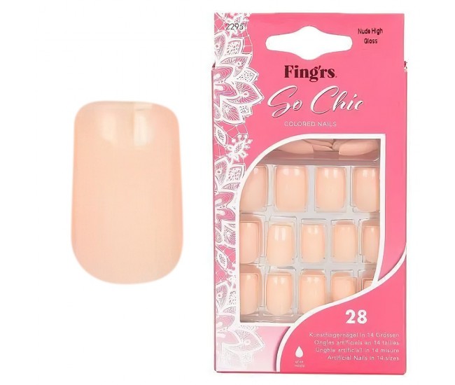 Tipsuri unghii false color press-on, So Chic Colored Nails, Nude High Gloss, Fingrs, 28 buc., + lipici unghii false + pila unghii + betisor portocal