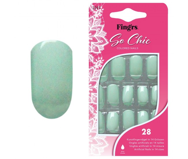Tipsuri unghii false color press-on, So Chic Colored Nails, Mint High Gloss, Fingrs, 28 buc. + lipici unghii false + pila unghii + betisor bambus 