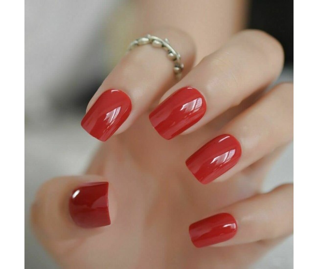 Tipsuri unghii false color press-on, Fashion nails color Red Small, 24 buc + lipici