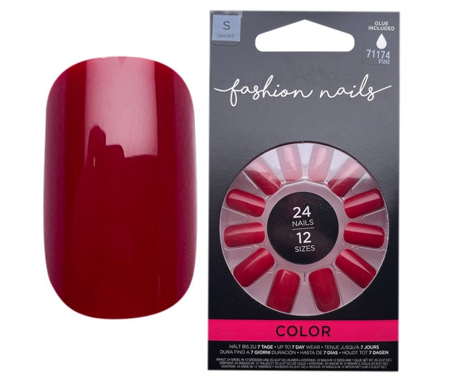 Tipsuri unghii false color press-on, Fashion nails color Red Small, 24 buc + lipici