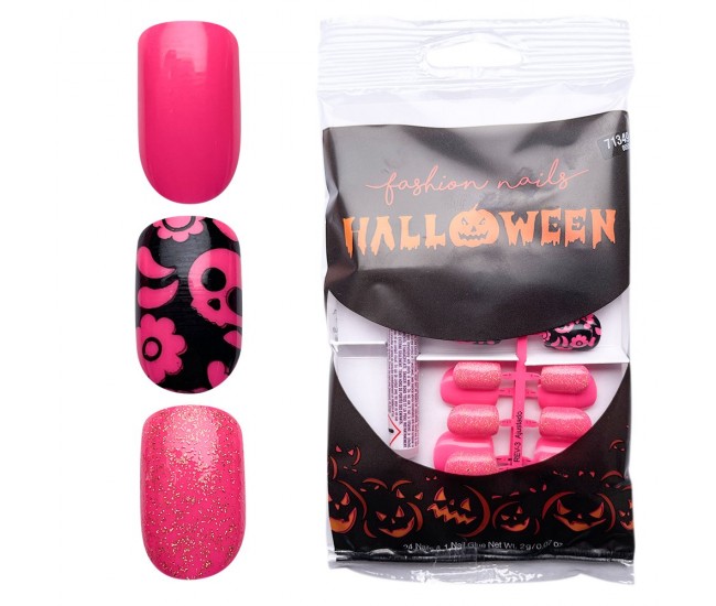 Tipsuri unghii false color press-on, Halloween Glitter pink, 24 buc + lipici
