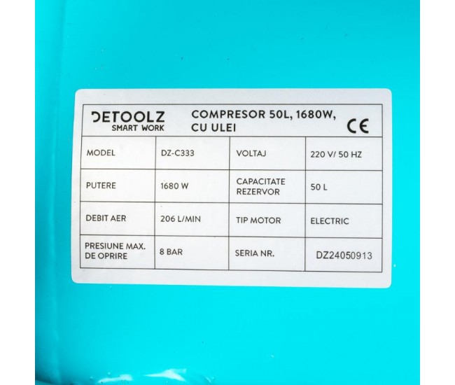Compresor detoolz 50l cu ulei, 1680 w, debit 206l/min, 8 bar, 2 prize de aer