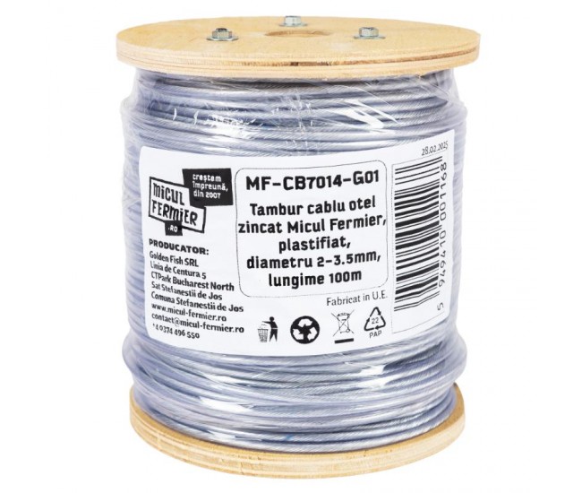 Tambur cablu otel zincat micul fermier, plastifiat, diametru 2-3.5mm, lungime 100m