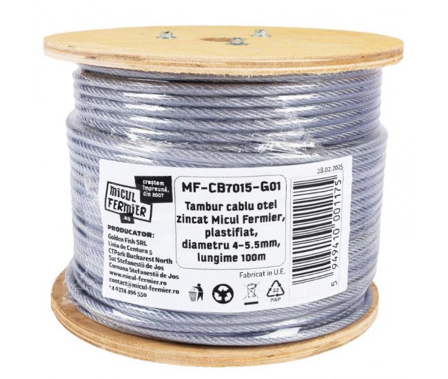 Tambur cablu otel zincat micul fermier, plastifiat, diametru 4-5.5mm, lungime 100m