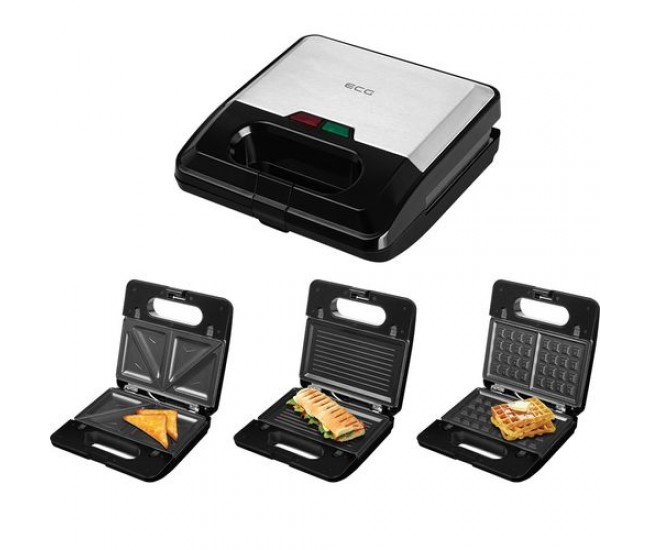 Sandwich-maker ecg s3173 3in1 triangle, 750w, 3 tipuri de placi detasabile, negru-otel inoxidabil