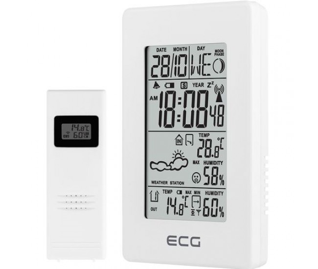 Statie meteo interior-exterior ecg ms 100 white, senzor extern fara fir, lcd, ceas, alarma