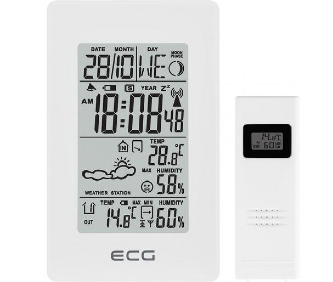 Statie meteo interior-exterior ecg ms 100 white, senzor extern fara fir, lcd, ceas, alarma