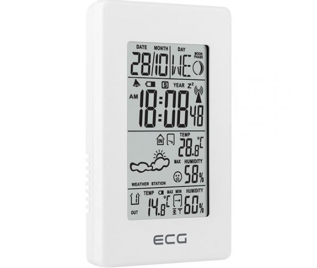 Statie meteo interior-exterior ecg ms 100 white, senzor extern fara fir, lcd, ceas, alarma